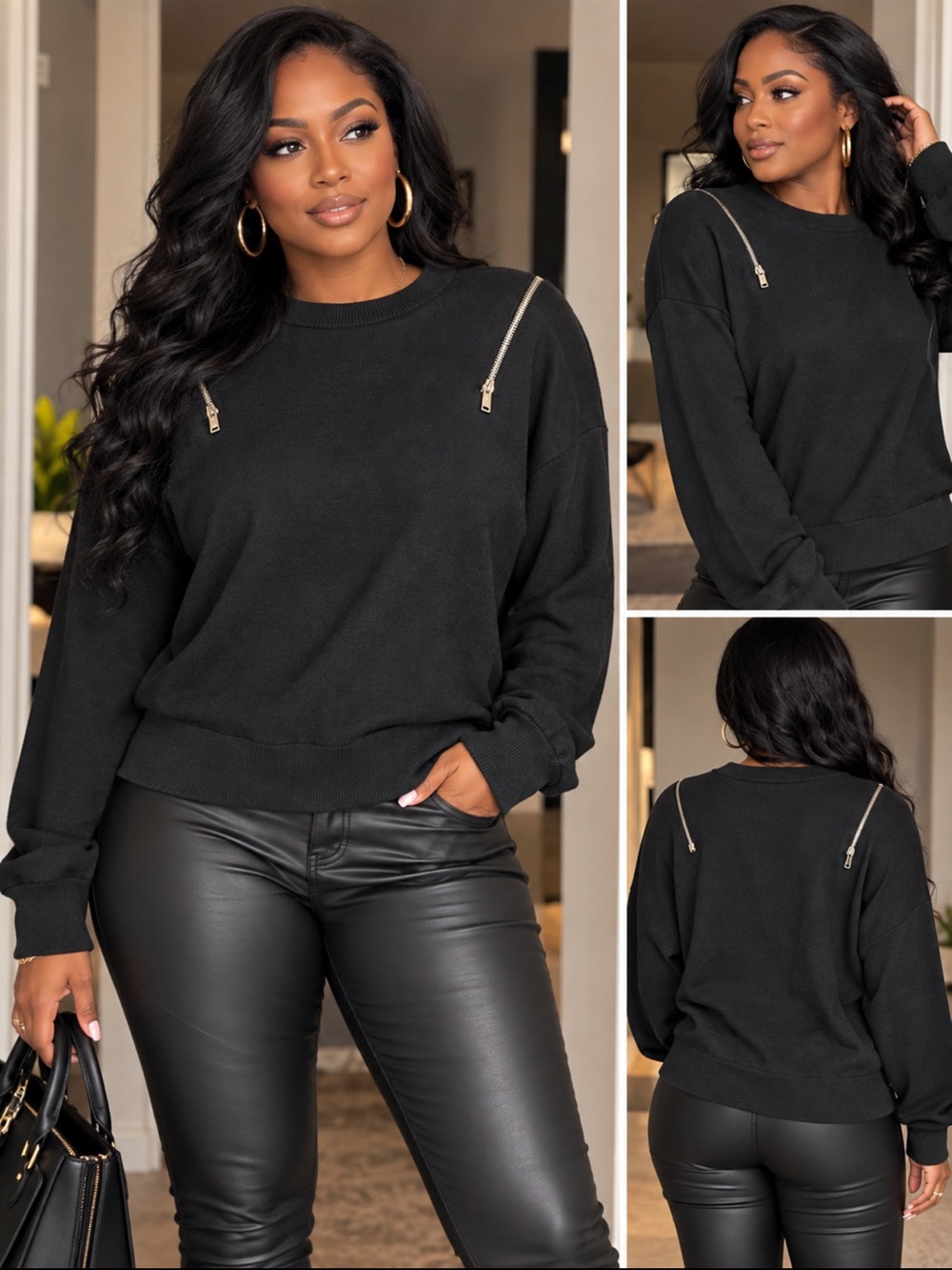 DKNY Black Crewneck Sweatshirt with Gold Zip Accents🦓